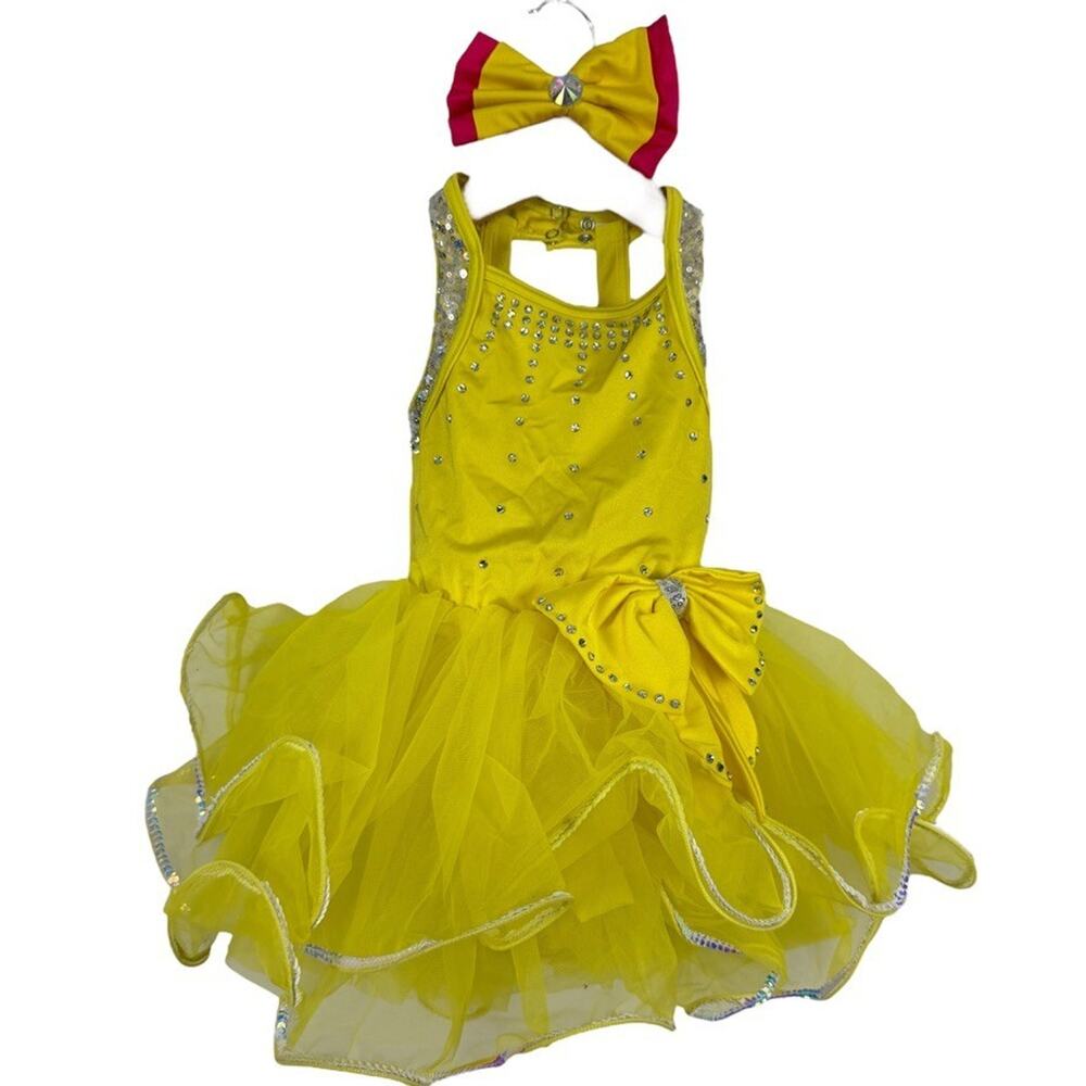 Weissman Yellow Rhinestone Sequin Tulle Dance Costume Dress & Hair Bow sz XS C